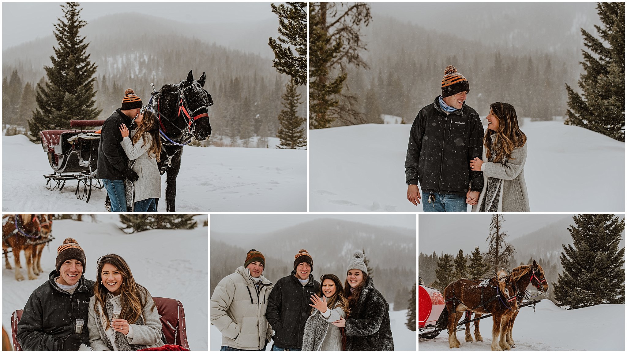 Newly engaged couple embraces in Breckenridge for portraits in the snow